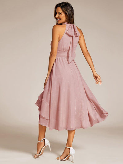 Sparkly High-Low Ruffle Halter Neck Wedding Guest Dress with Pleating #color_Dusty Rose