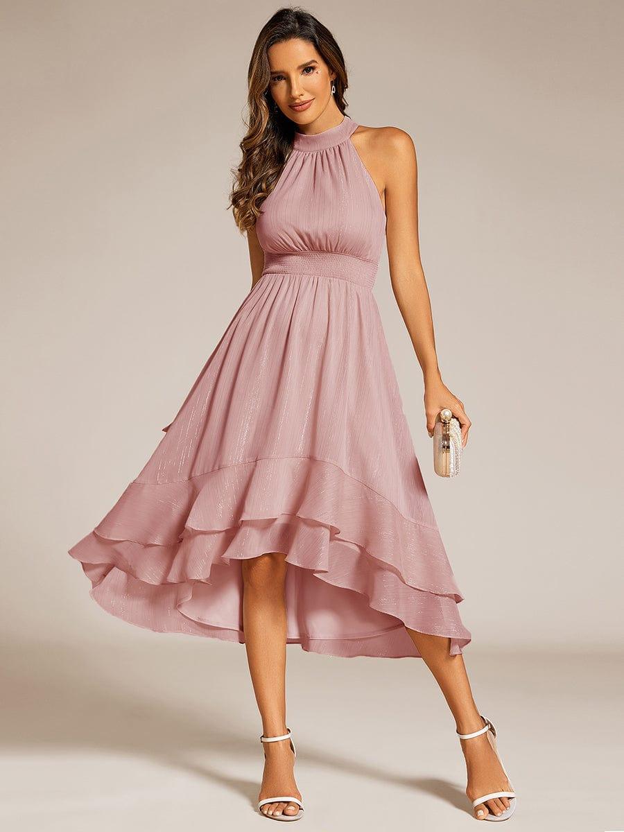 Sparkly High-Low Ruffle Halter Neck Wedding Guest Dress with Pleating #color_Dusty Rose
