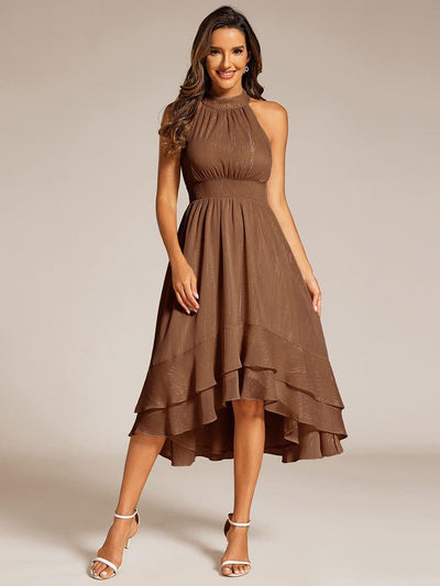 ever ZOYA|Custom Size Sparkly High-Low Ruffle Halter Neck Wedding Guest Dress with Pleating