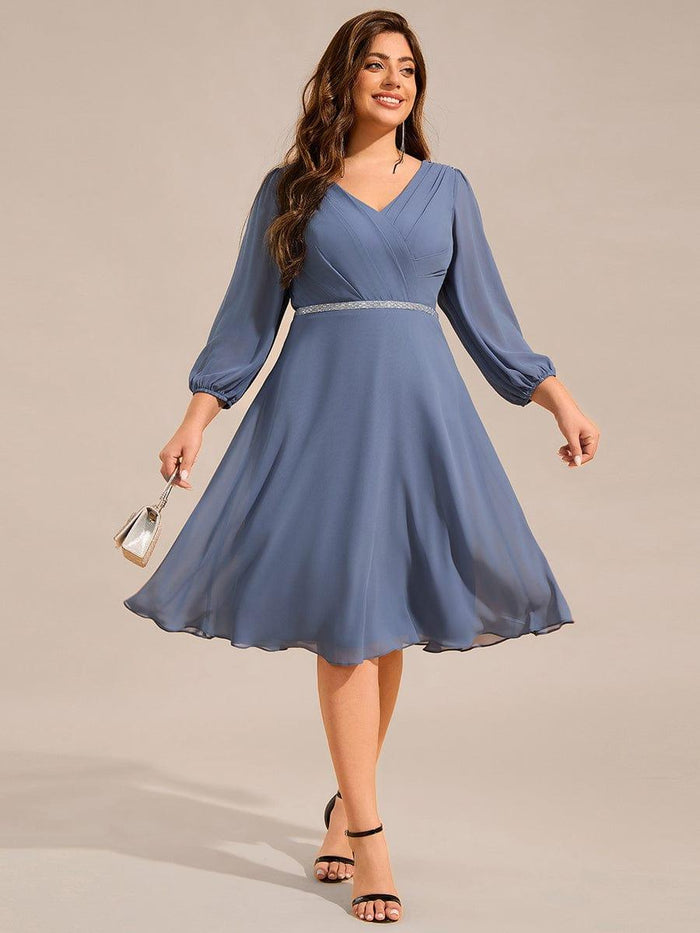 Elegant Pleated A-Line Long Sleeve Chiffon Midi Dress for Wedding
