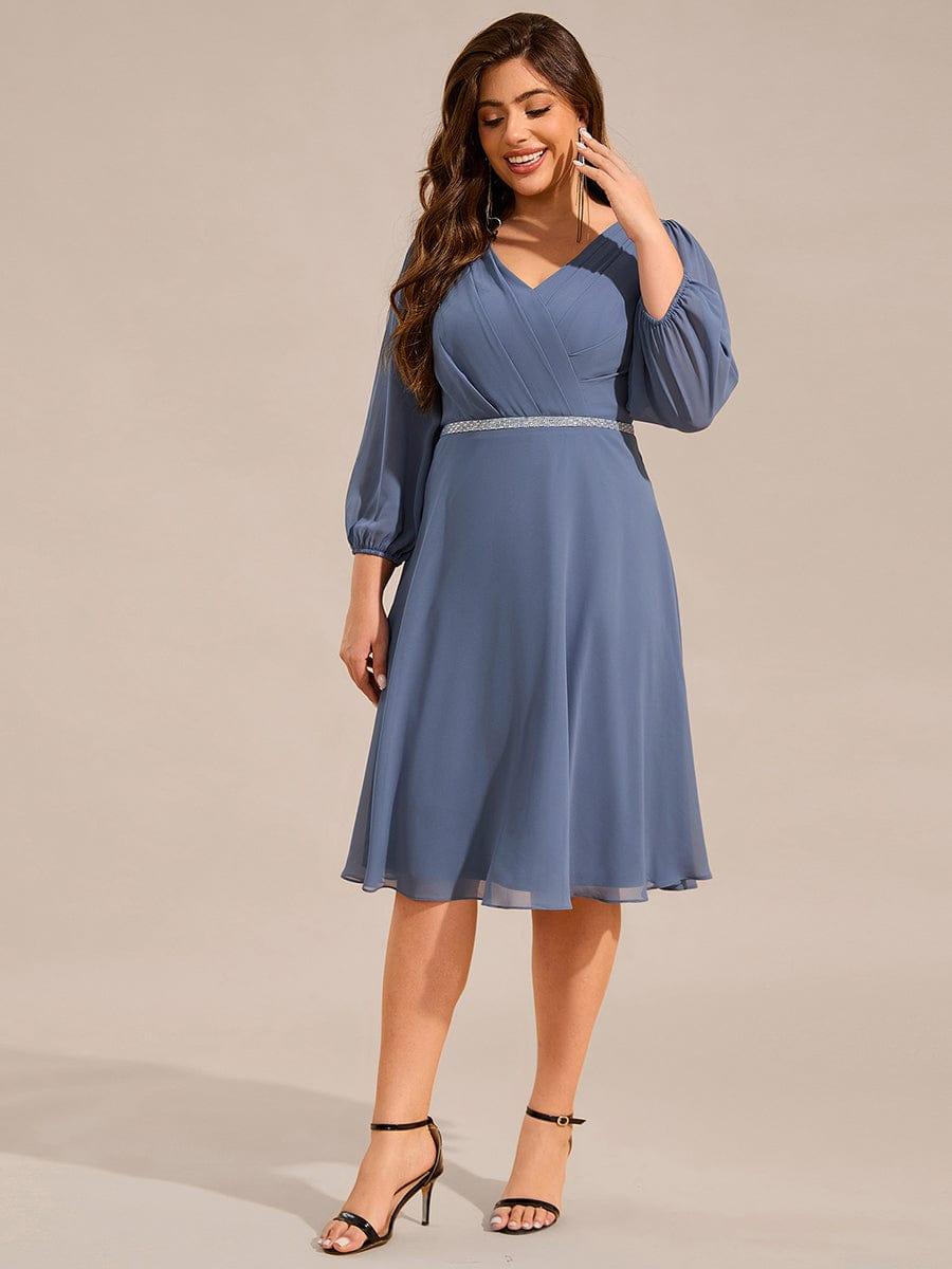 Plus Size Long Sleeve Midi A-Line Wedding Guest Dress with Waist Chain  #color_Dusty Blue