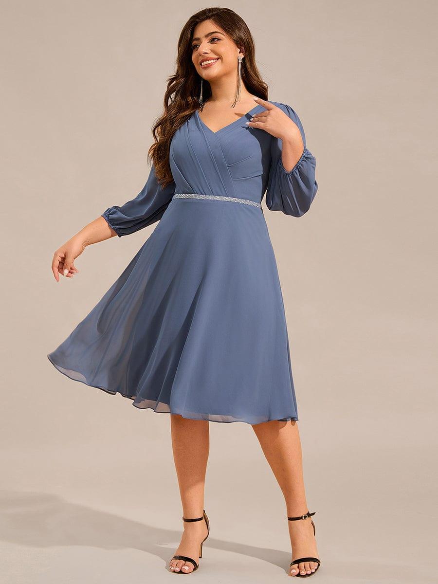 Plus Size Long Sleeve Midi A-Line Wedding Guest Dress with Waist Chain  #color_Dusty Blue