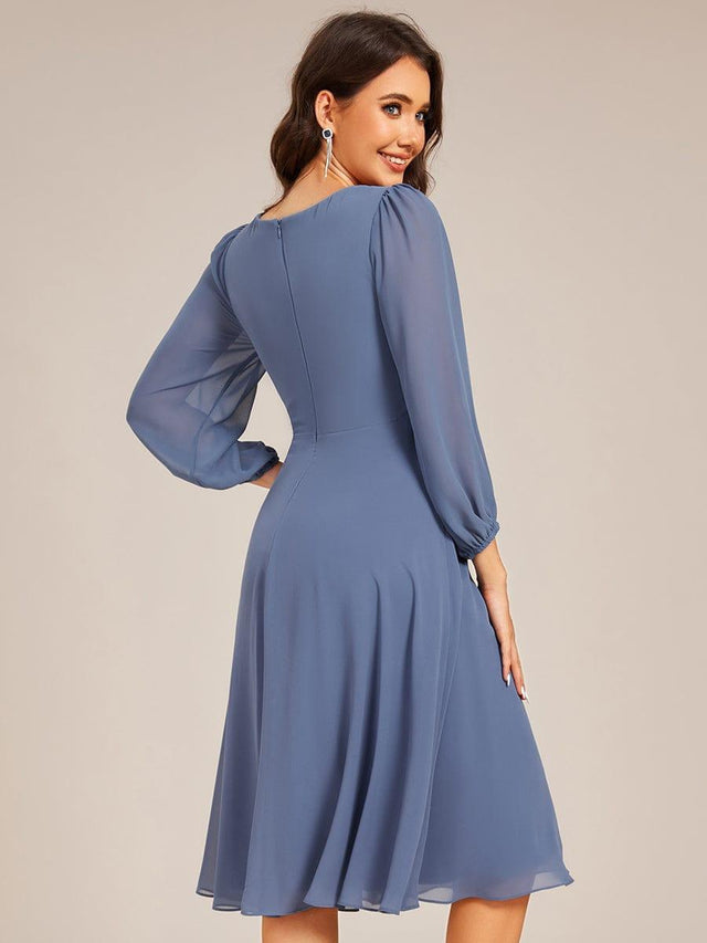 Elegant Pleated A-Line Long Sleeve Chiffon Midi Dress for Wedding