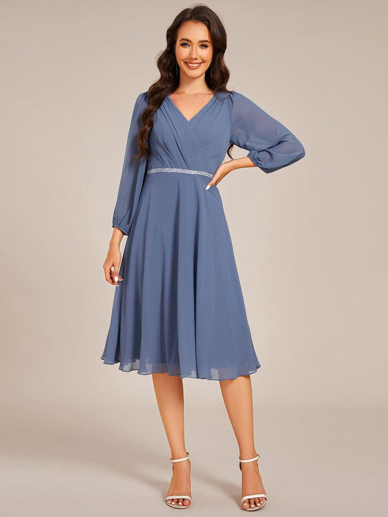 Elegant Pleated A-Line Long Sleeve Chiffon Midi Dress for Wedding