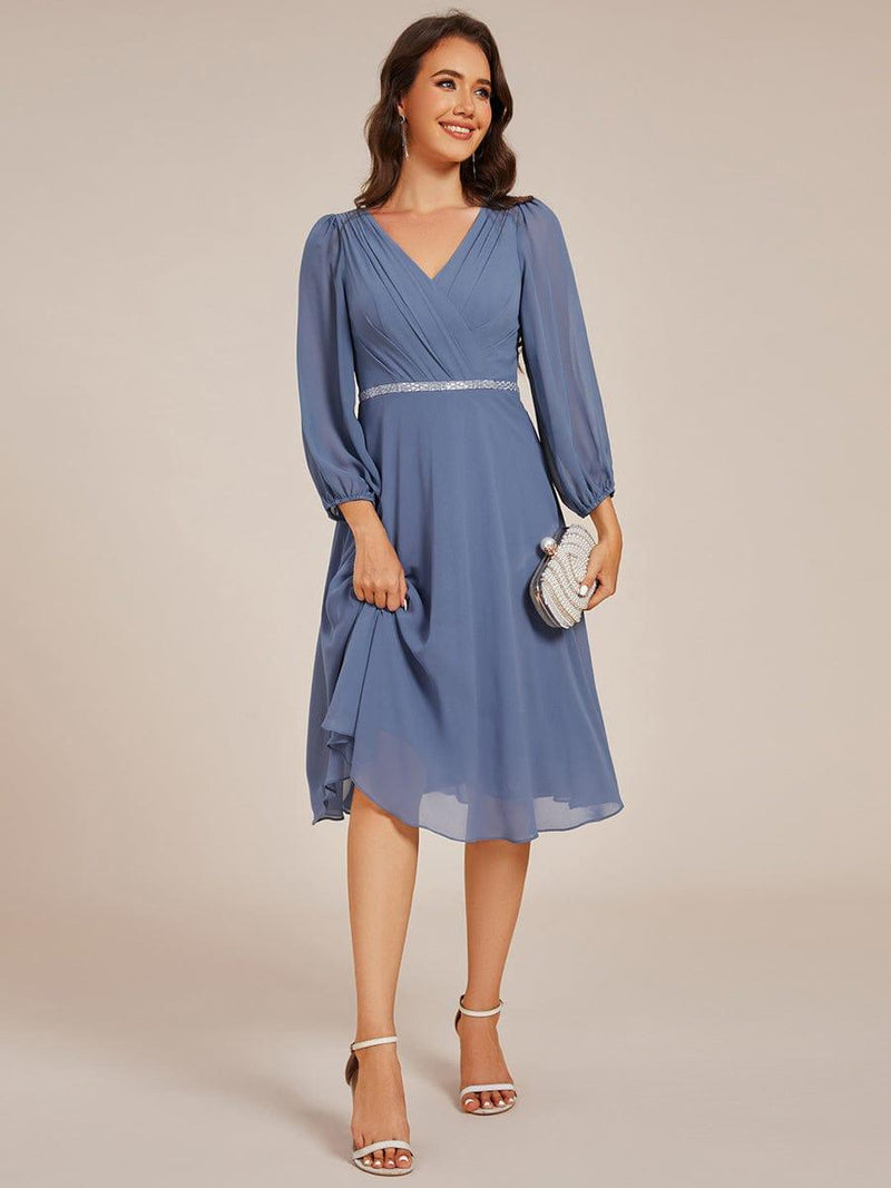 Elegant Pleated A-Line Long Sleeve Chiffon Midi Dress for Wedding