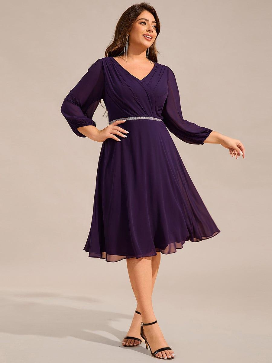 Plus Size Long Sleeve Midi A-Line Wedding Guest Dress with Waist Chain  #color_Dark Purple
