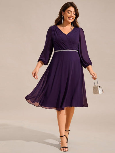 Plus Size Long Sleeve Midi A-Line Wedding Guest Dress with Waist Chain  #color_Dark Purple