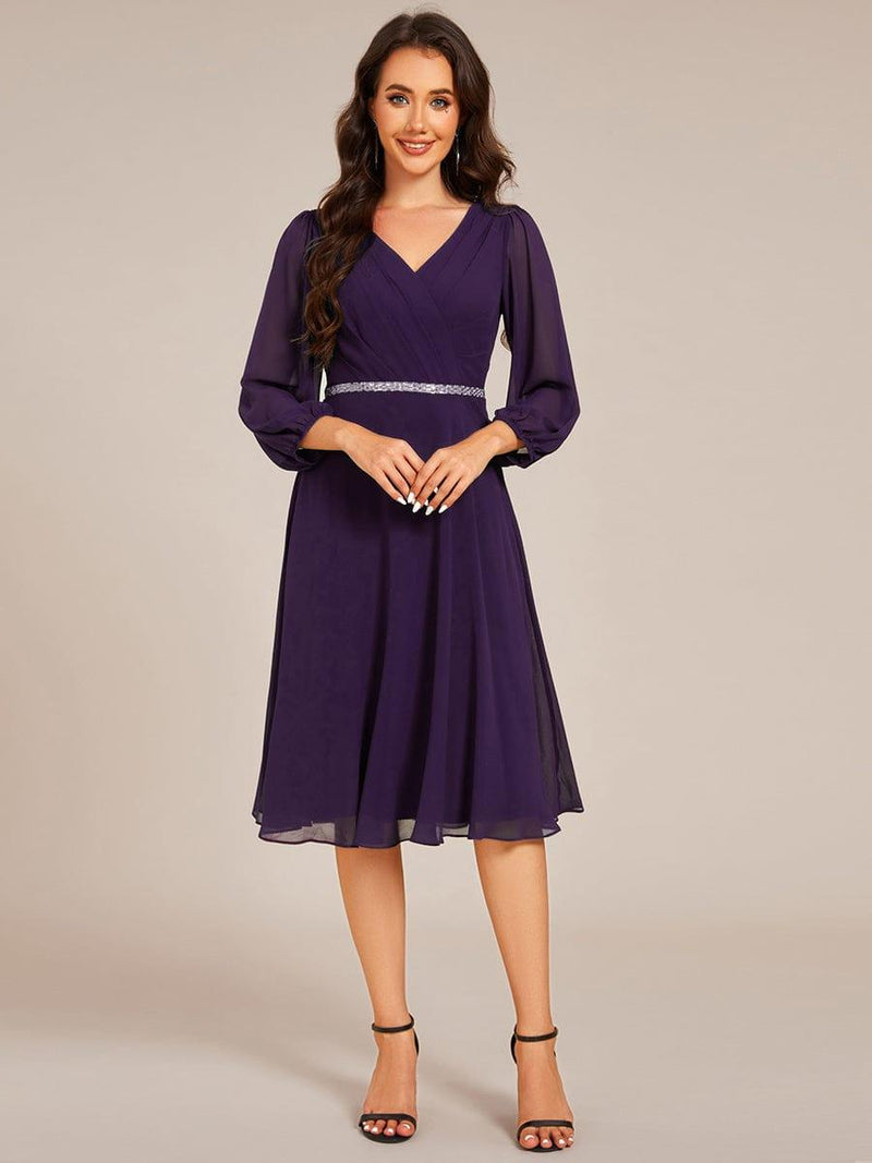 Elegant Pleated A-Line Long Sleeve Chiffon Midi Dress for Wedding