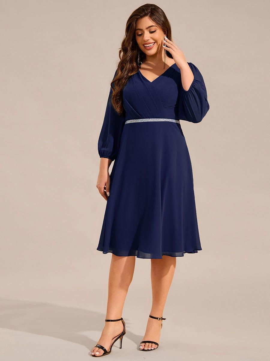 Plus Size Long Sleeve Midi A-Line Wedding Guest Dress with Waist Chain  #color_Navy Blue