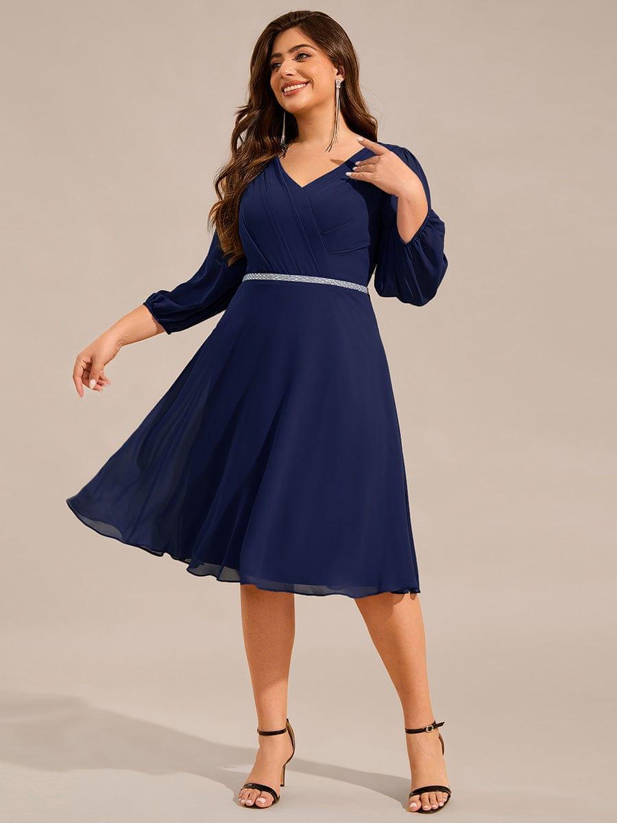 Plus Size Long Sleeve Midi A-Line Wedding Guest Dress with Waist Chain  #color_Navy Blue