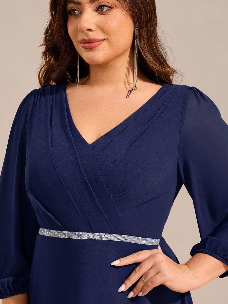 Plus Size Long Sleeve Midi A-Line Wedding Guest Dress with Waist Chain  #color_Navy Blue