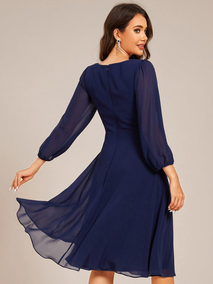 Elegant Pleated ALine Long Sleeve Chiffon Midi Dress for Wedding