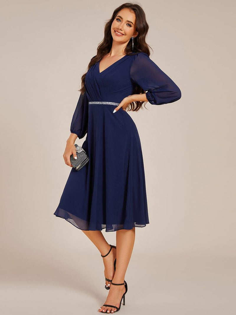 Elegant Pleated A-Line Long Sleeve Chiffon Midi Dress for Wedding