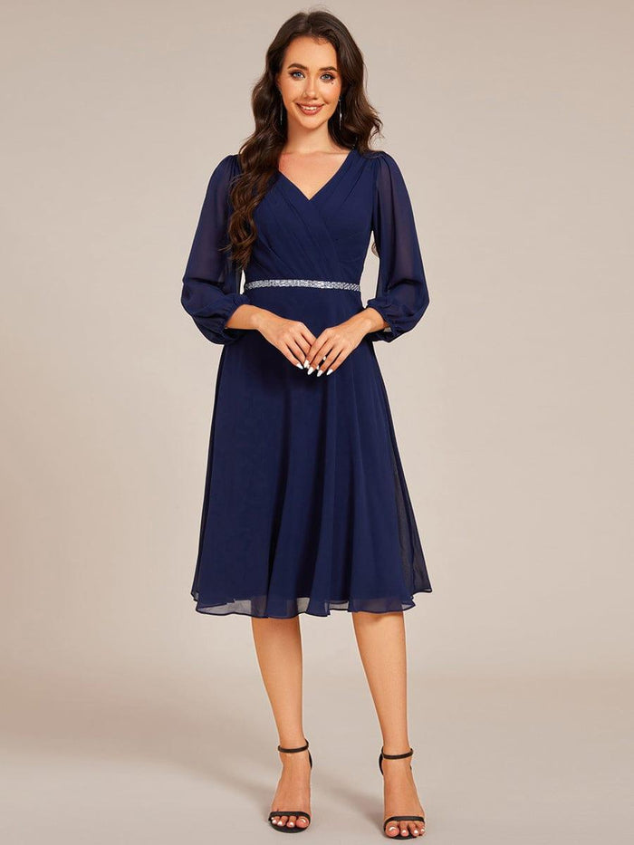 Elegant Pleated ALine Long Sleeve Chiffon Midi Dress for Wedding