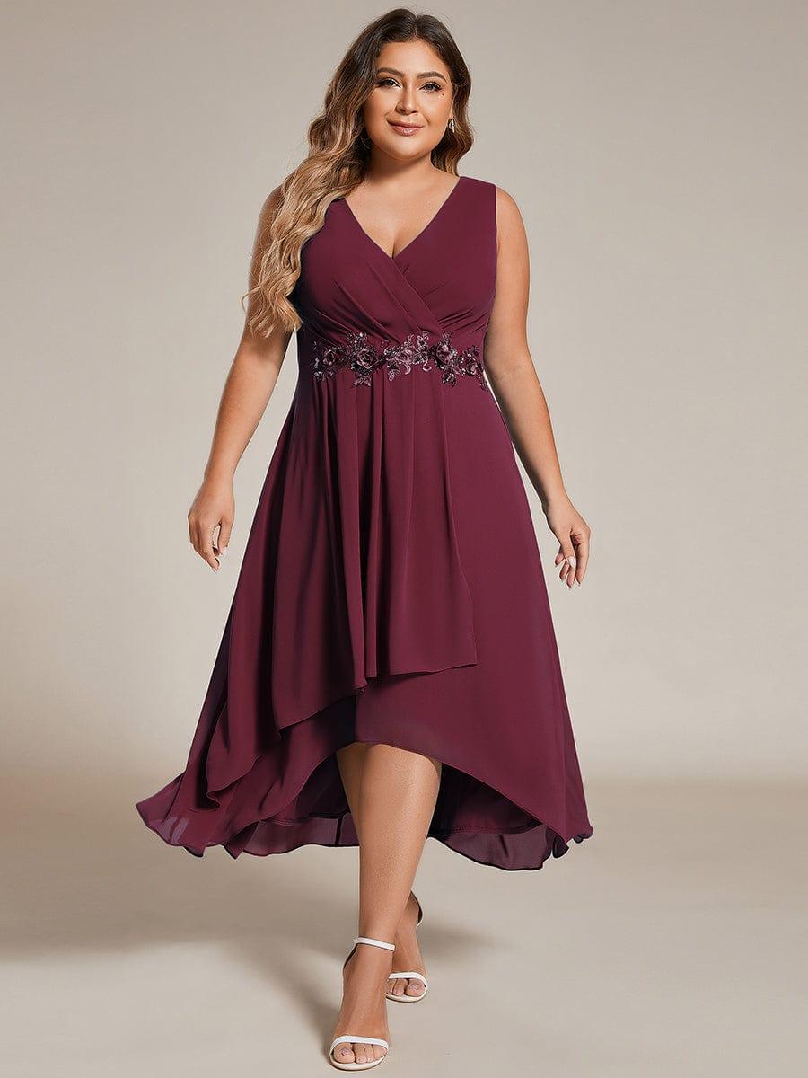 Sleeveless V-Neck High Low Plus Size Wedding Guest Dress with Floral Applique #color_Burgundy