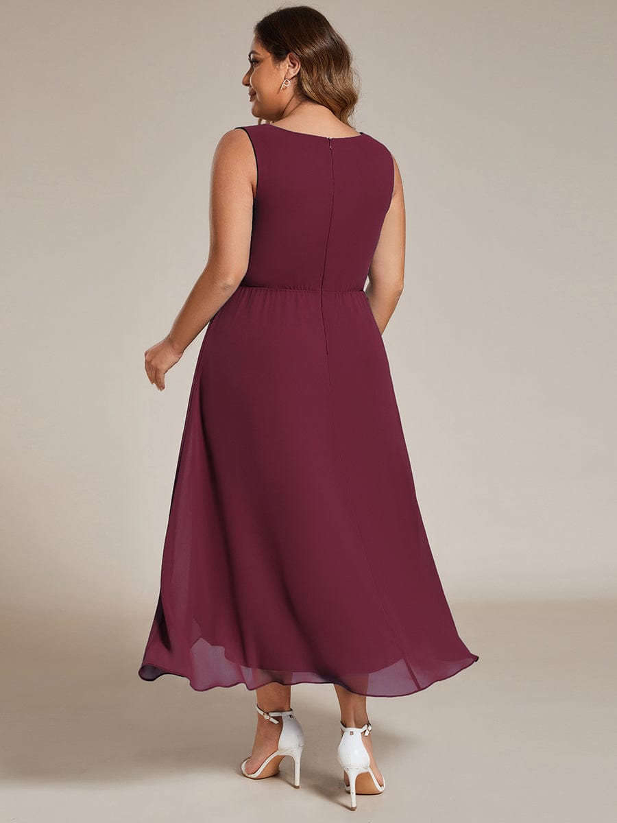Sleeveless V-Neck High Low Plus Size Wedding Guest Dress with Floral Applique #color_Burgundy