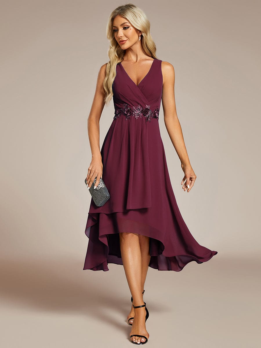 Sleeveless V-Neck High Low Wedding Guest Dress with Floral Applique #color_Burgundy