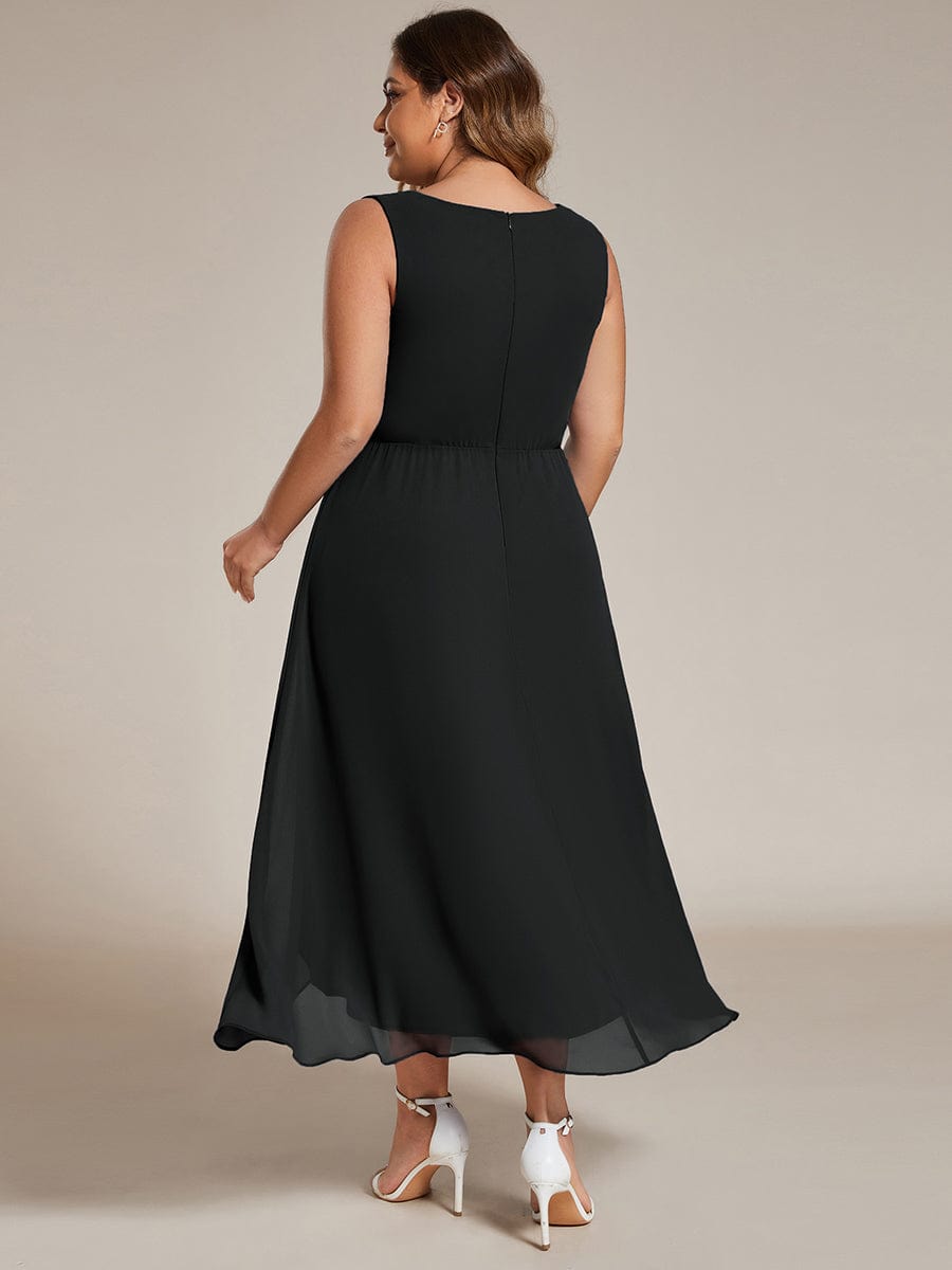 Sleeveless V-Neck High Low Plus Size Wedding Guest Dress with Floral Applique #color_Black