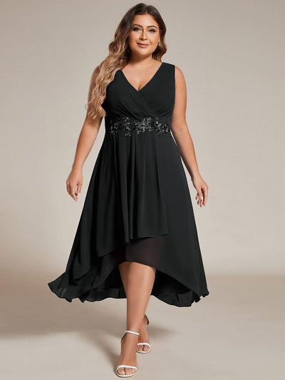 Sleeveless V-Neck High Low Plus Size Wedding Guest Dress with Floral Applique #color_Black