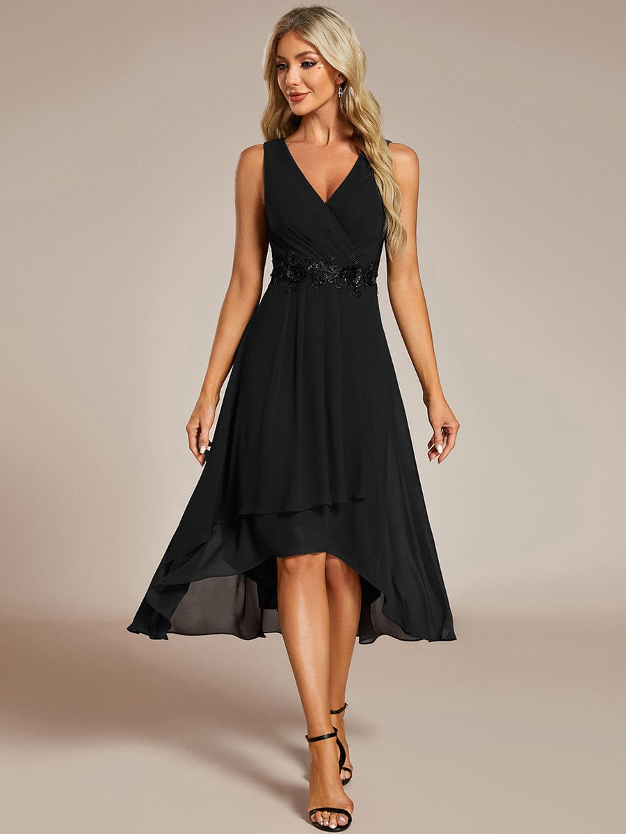 Sleeveless V-Neck High Low Wedding Guest Dress with Floral Applique #color_Black