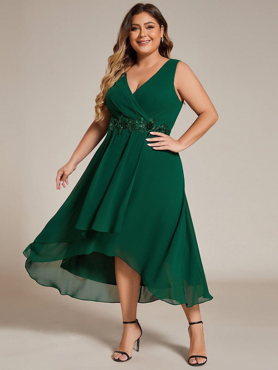 Sleeveless V-Neck High Low Plus Size Wedding Guest Dress with Floral Applique #color_Dark Green