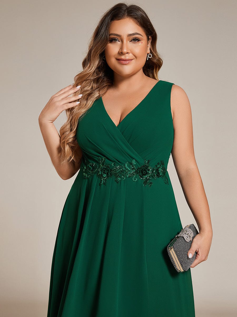 Sleeveless V-Neck High Low Plus Size Wedding Guest Dress with Floral Applique