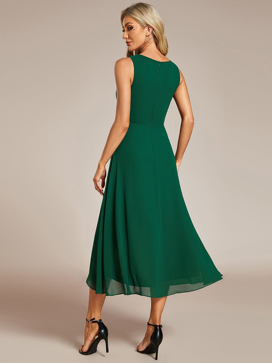 Sleeveless V-Neck High Low Wedding Guest Dress with Floral Applique #color_Dark Green