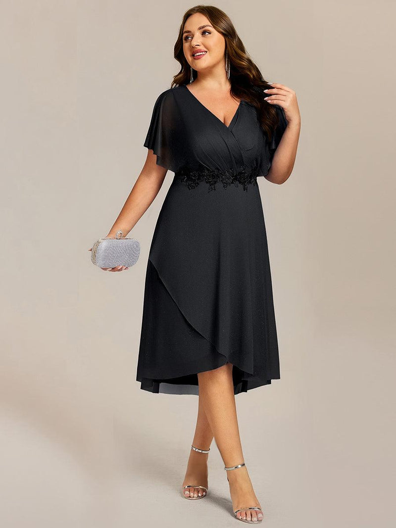Asymmetrical Midi Wedding Guest Dress with Short Sleeves and V-Neck