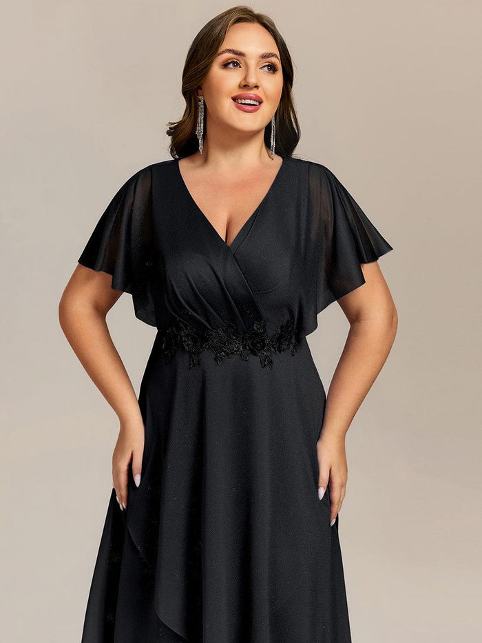 Asymmetrical Midi Wedding Guest Dress with Short Sleeves and V-Neck