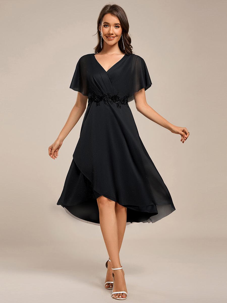 Asymmetrical Midi Wedding Guest Dress with Short Sleeves and V