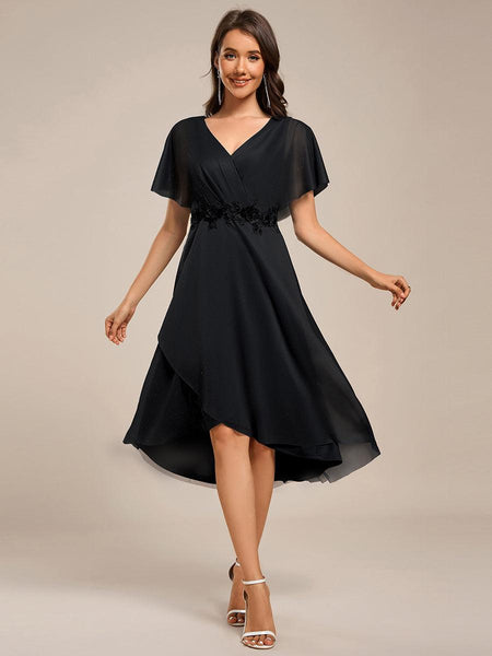 Asymmetrical Midi Wedding Guest Dress with Short Sleeves and V-Neck