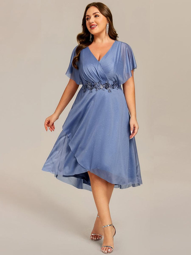 Asymmetrical Midi Wedding Guest Dress with Short Sleeves and V-Neck ...