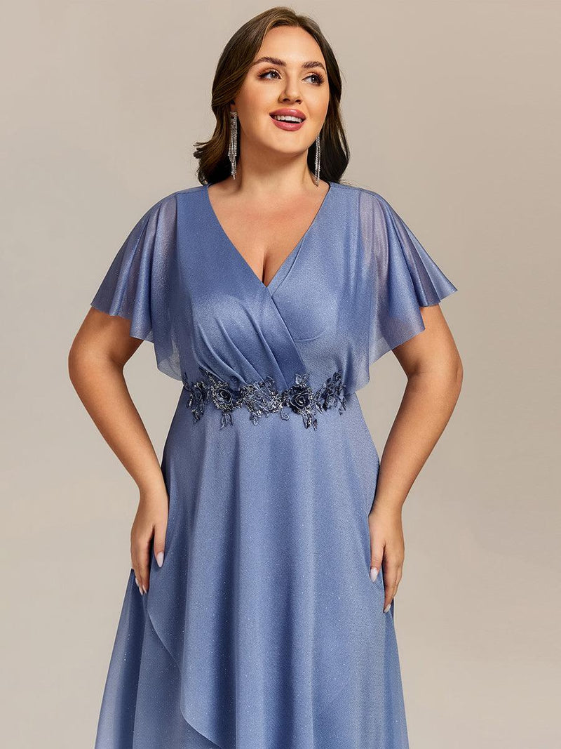 Asymmetrical Midi Wedding Guest Dress with Short Sleeves and V-Neck