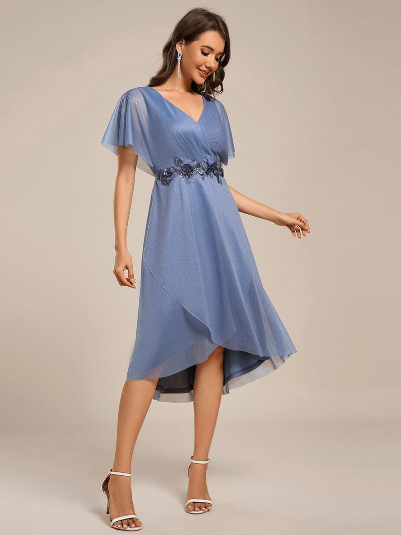 Asymmetrical Midi Wedding Guest Dress with Short Sleeves and V-Neck