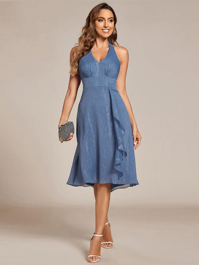 Chic V-Neck Halter Bow High-Waist Sleeveless Lotus Leaf Wedding Guest Dress #color_Dusty Blue