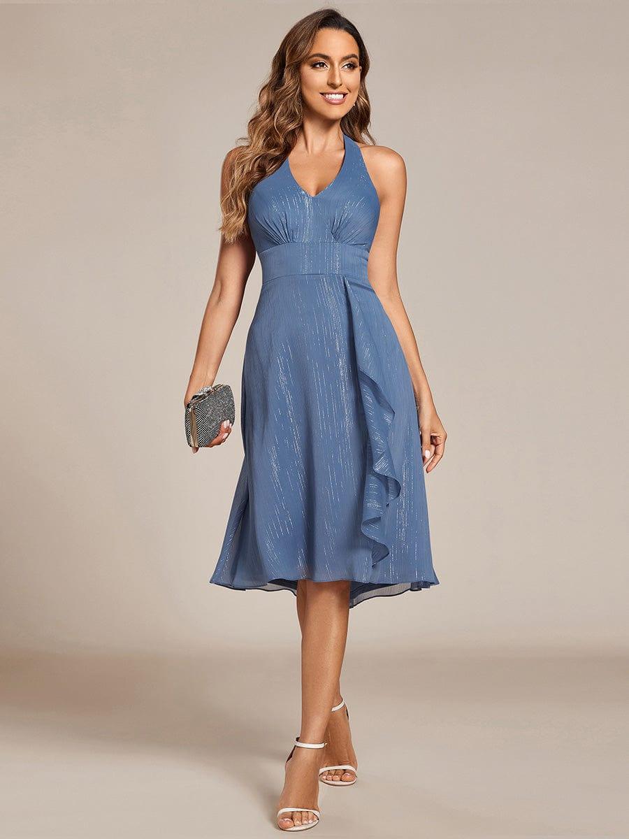 Chic V-Neck Halter Bow High-Waist Sleeveless Lotus Leaf Wedding Guest Dress #color_Dusty Blue