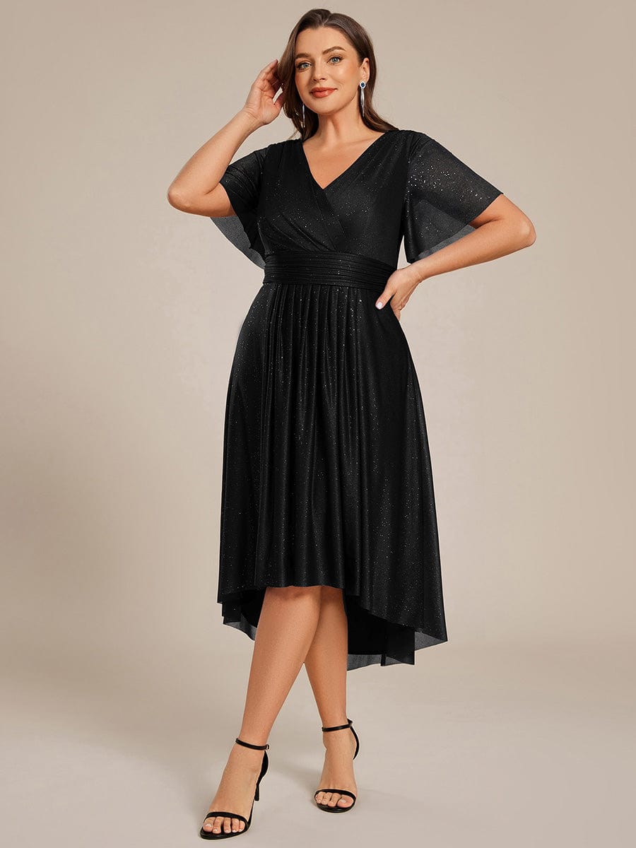 Plus Size Short Sleeve Pleated Ruffles Sequin A-Line Midi Wedding Guest Dresses #color_Black