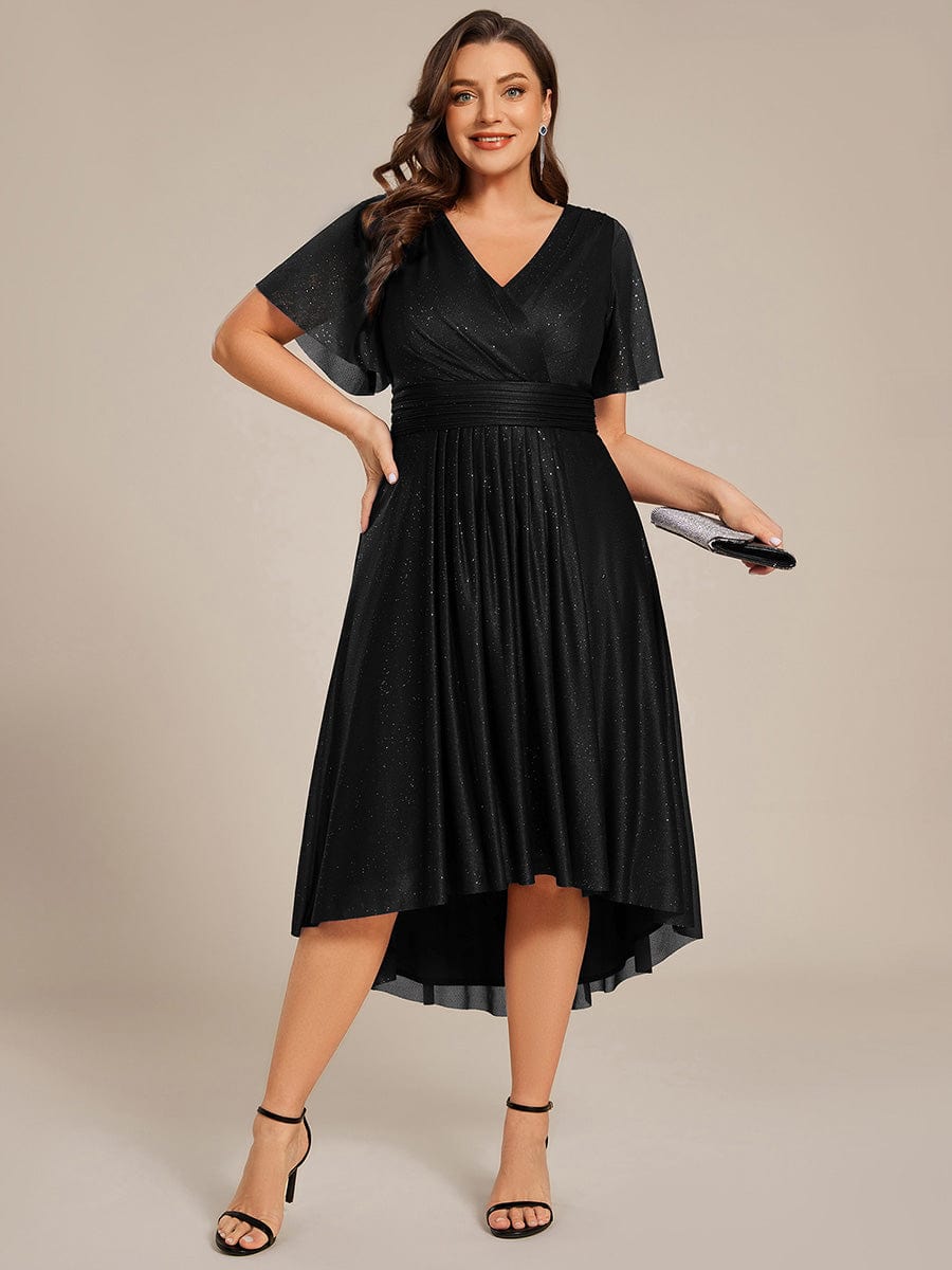 Plus Size Short Sleeve Pleated Ruffles Sequin A-Line Midi Wedding Guest Dresses #color_Black