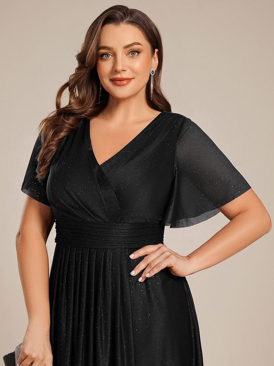 Plus Size Short Sleeve Pleated Ruffles Sequin A-Line Midi Wedding Guest Dresses #color_Black