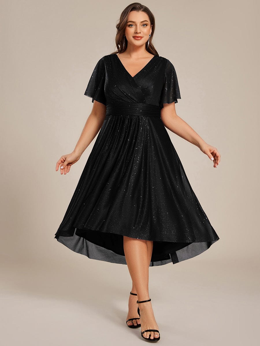 Plus Size V-Neck Short Sleeve Pleated Ruffle A-Line Midi Wedding