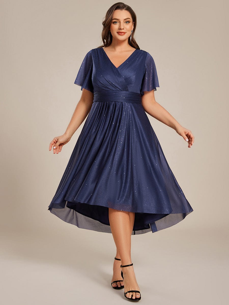 Plus Size Short Sleeve Pleated Ruffles Sequin A-Line Midi Wedding Guest Dresses #color_Navy Blue