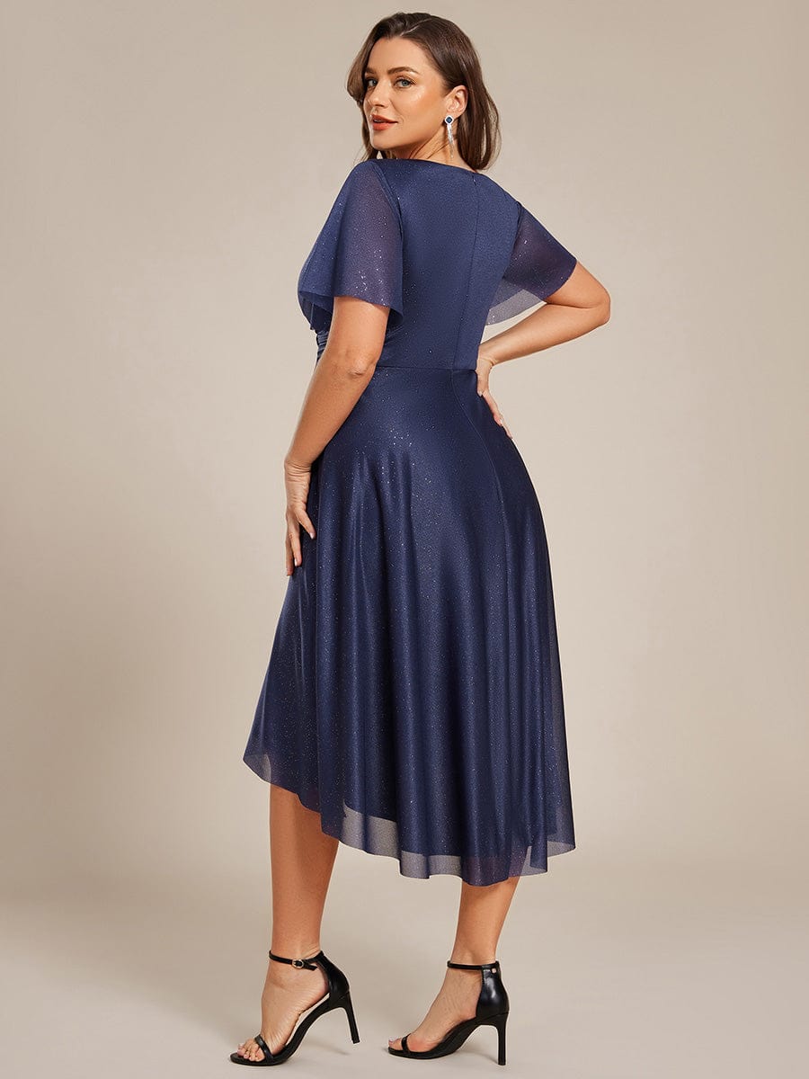 Plus Size Short Sleeve Pleated Ruffles Sequin A-Line Midi Wedding Guest Dresses #color_Navy Blue