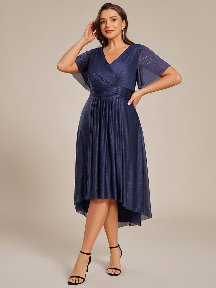 Plus Size Short Sleeve Pleated Ruffles Sequin A-Line Midi Wedding Guest Dresses #color_Navy Blue