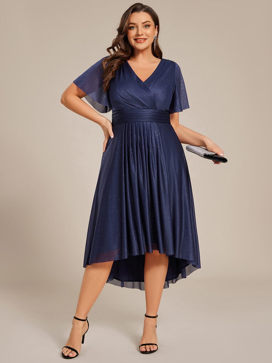 Plus Size Short Sleeve Pleated Ruffles Sequin A-Line Midi Wedding Guest Dresses #color_Navy Blue