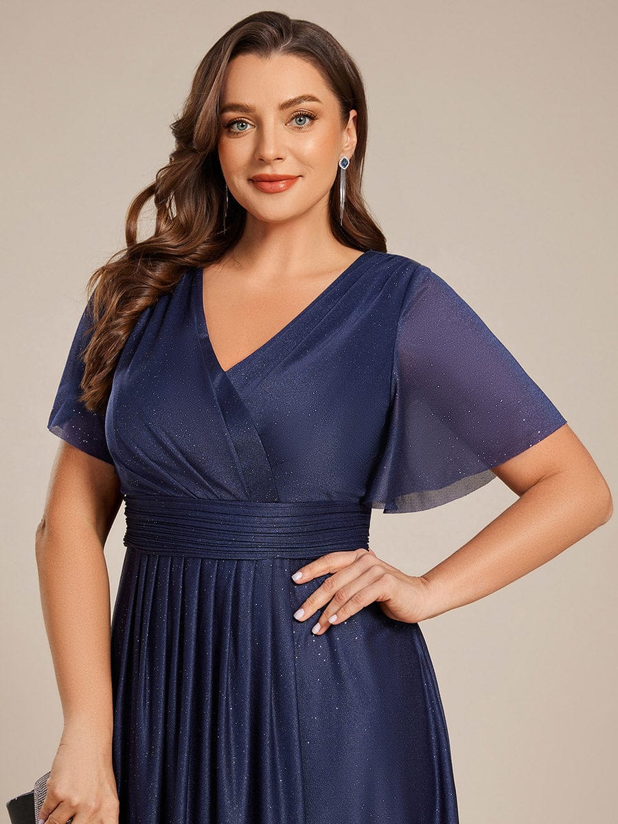 Plus Size Short Sleeve Pleated Ruffles Sequin A-Line Midi Wedding Guest Dresses #color_Navy Blue