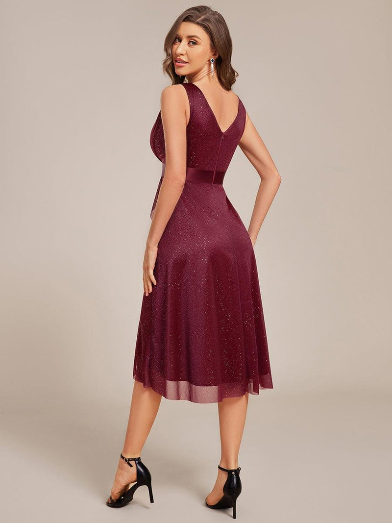 Sleeveless Deep V-Neck Pleated A-Line Midi Dress for Wedding Guest