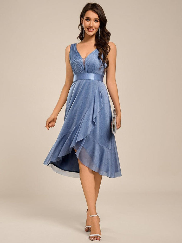 Cute Deep V Neck A-Line Tulle Long Wedding Guest Dress main image 1