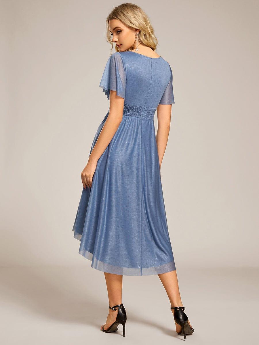 Short Sleeves Round Neck Asymmetrical Midi Wedding Guest Dress #color_Dusty Blue