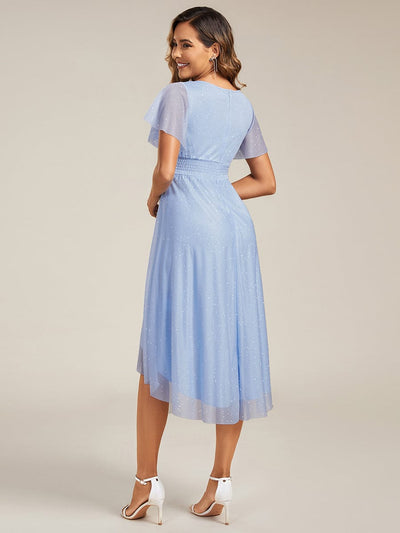 Short Sleeves Round Neck Asymmetrical Midi Wedding Guest Dress #color_Ice Blue