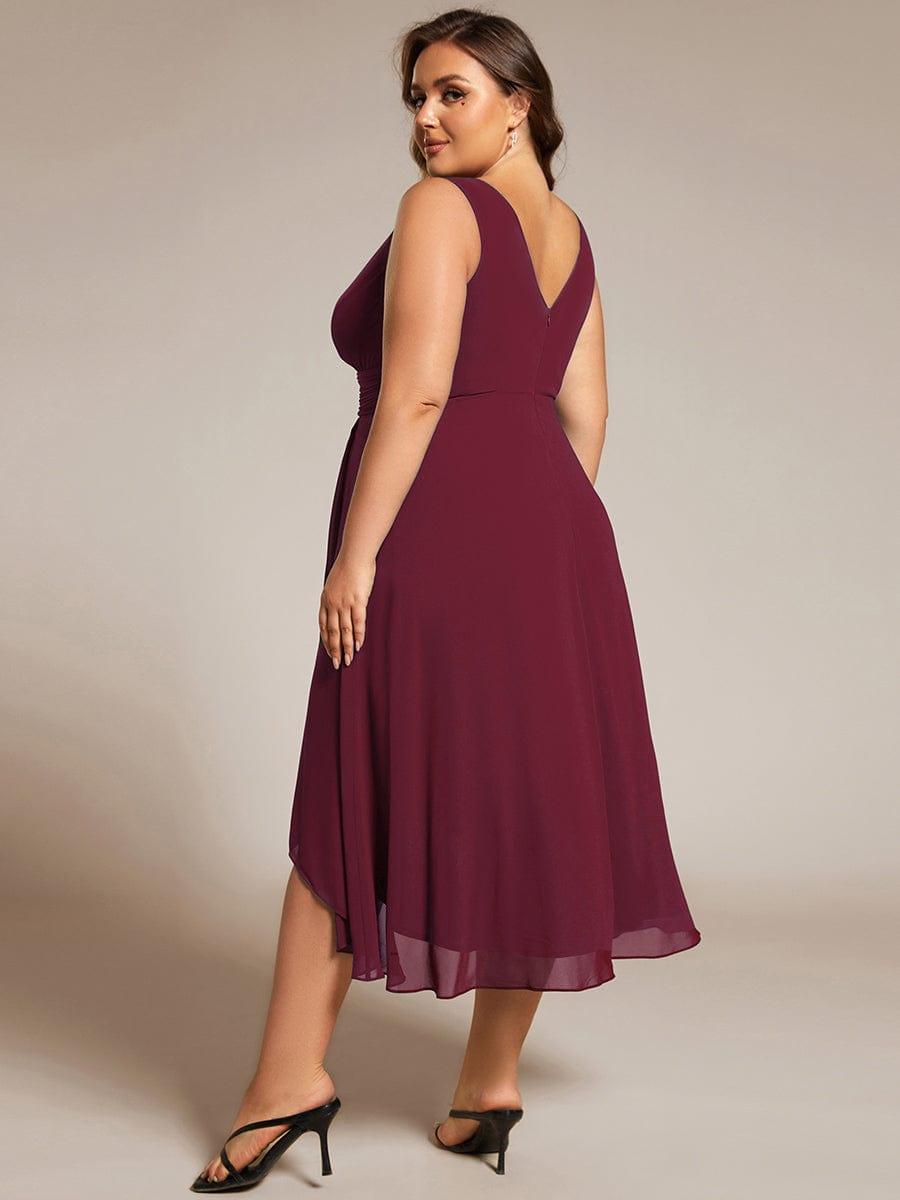 Chic V-Neck Pleated Sleeveless High-Low Chiffon Wedding Guest Dress #color_Burgundy
